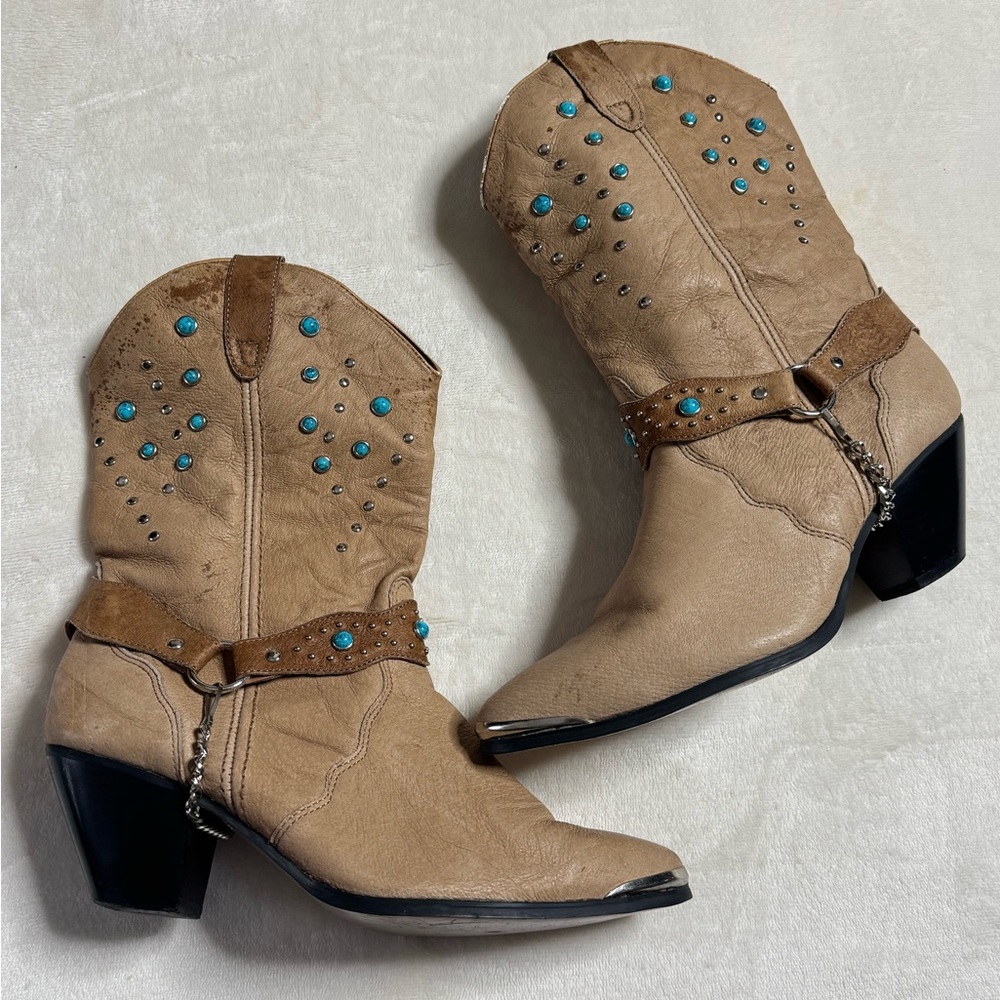 Turquoise Studded Tan Western Leather Boots